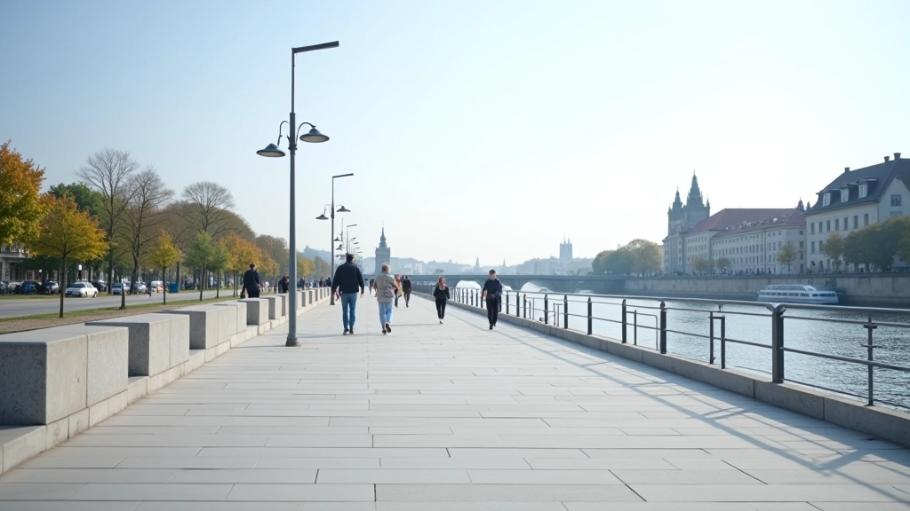 Moderní nábřežní promenáda s pěšinou a odpočívadly